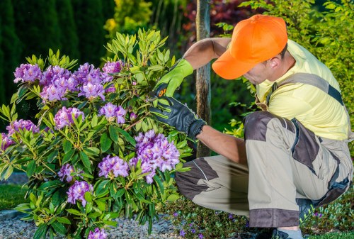 Gardeners working safely with protective equipment