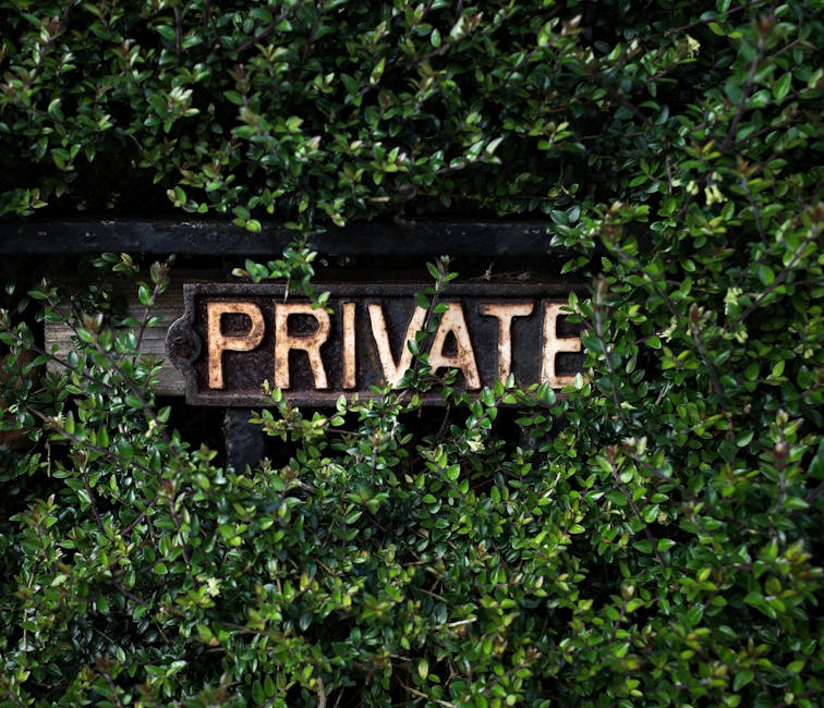A weathered, rust-colored metal sign spelling 'PRIVATE' in bold capital letters is partially obscured by dense, glossy green foliage. The sign is mounted on a dark wooden background, and the surroundi